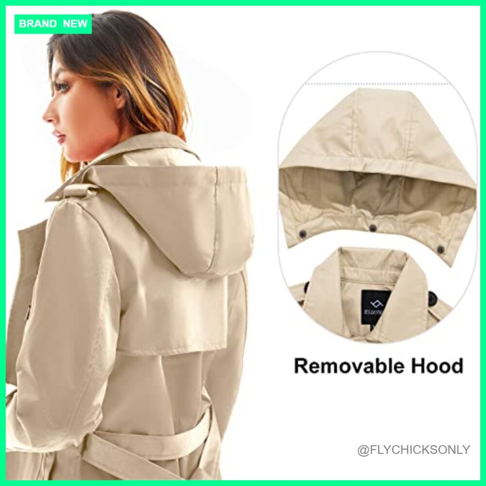 Waterproof Long Trench Coat Double Breasted Windbreaker with Detachable Hood - Picture 4 of 6
